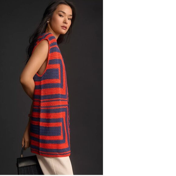 Anthropologie FRNCH Front Tie Crochet Sweater Vest size L red blue new nWT - Picture 3 of 6